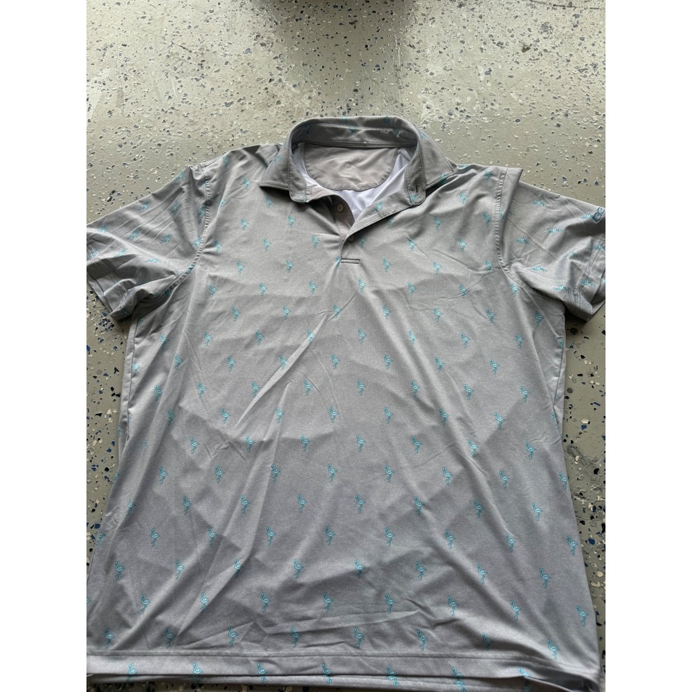 johnnie-O Flamingo Print Golf Polo Shirt‎ Moisture Wicking Gray XL